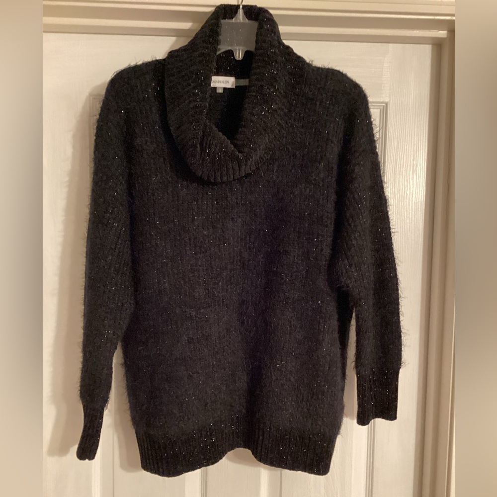 EUC Womens Calvin Klein fuzzy soft‎ sparkle cowl neck black sweater size L